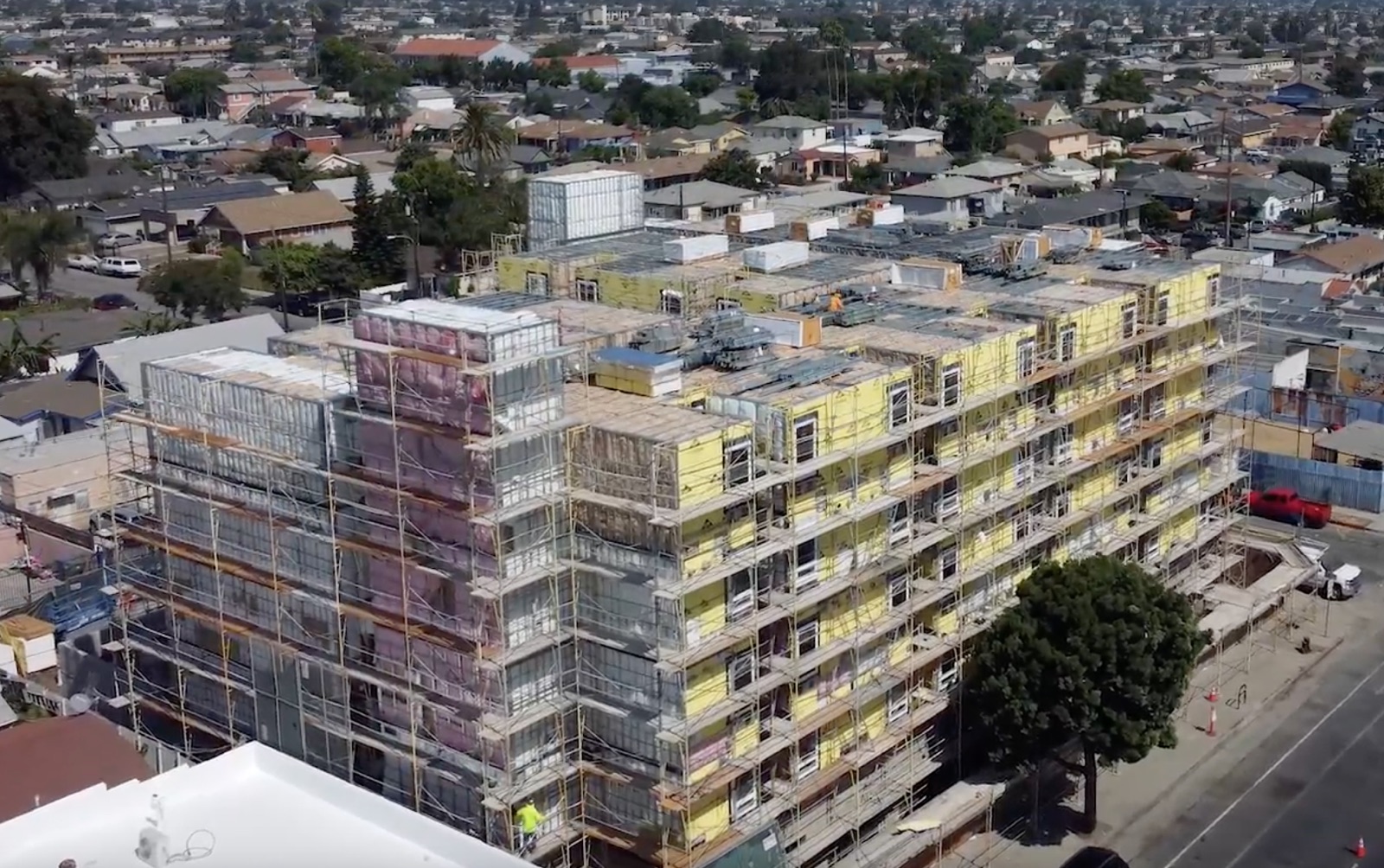 The near-complete building facade of the volumetric modular development